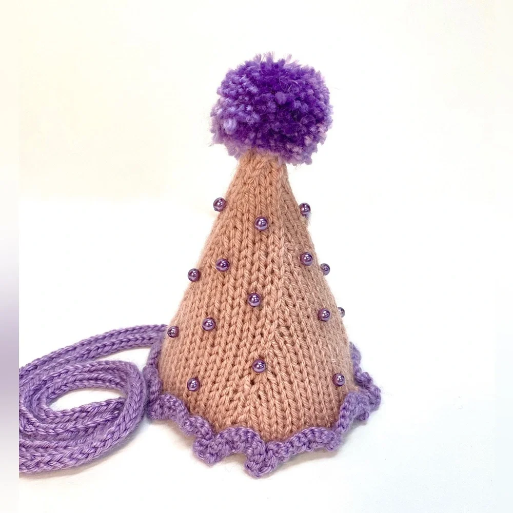 NWT Hand Knit Pink and Purple Party Hat with Faux Pearls One Size Fits Most